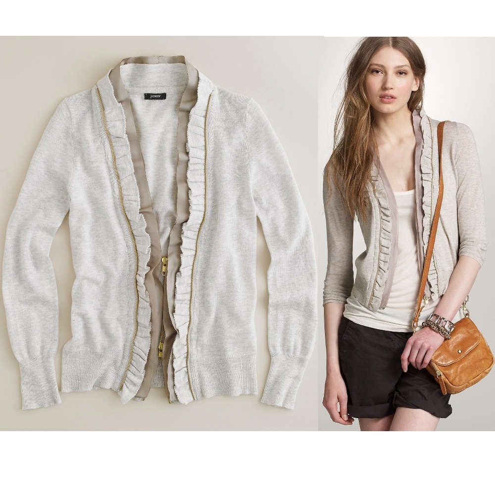 J Crew Scalloped cardigan gray silk ruffle M